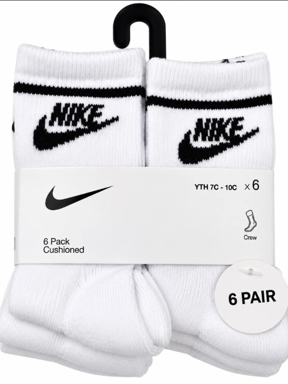 Nike Kids Cushioned Crew Socks White Black 6 Pack YTH 7C-10C New